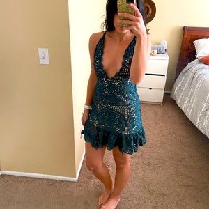 Low Plunge Green and Nude Lace Cocktail Dress